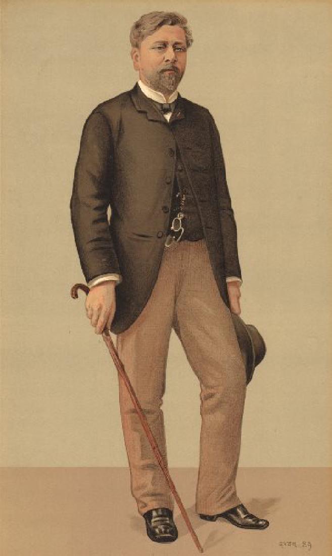 Alexandre G. Eiffel Tower Engineer 1889 Vanity Fair: Alexandre Gustave. Eiffel Tower Engineer. 1889 Vanity Fair Spy cartoon Date: 11 May 1889. This date is printed above the image Medium: Lithographic print Image Size: 19 x 33cm (7.5 x 13 inches); Overa