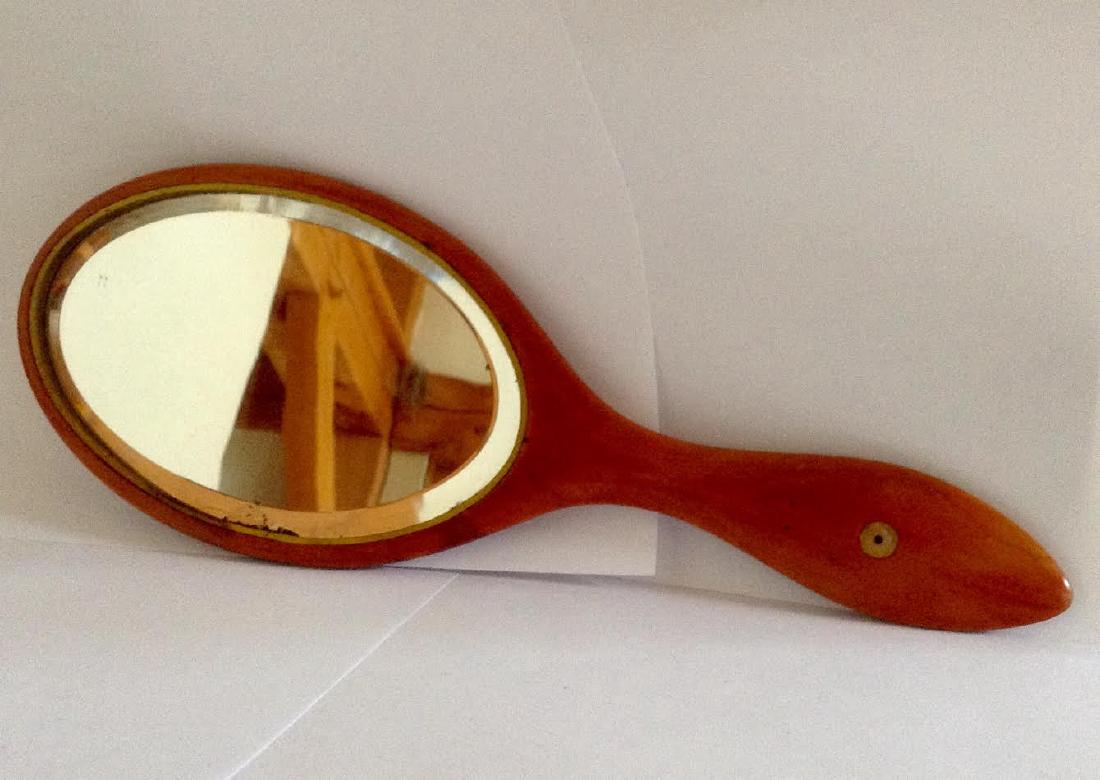Beveled Hand Mirror, Shaker: Beveled Hand Mirror, Shaker Wood Hand Mirror with Original Bittersweet Wash, Mother of Pearl Inlay in Handle. Yellow Painted Molding hold the mirror in place. Found in New York State , C. 1900. 4 1/8"
