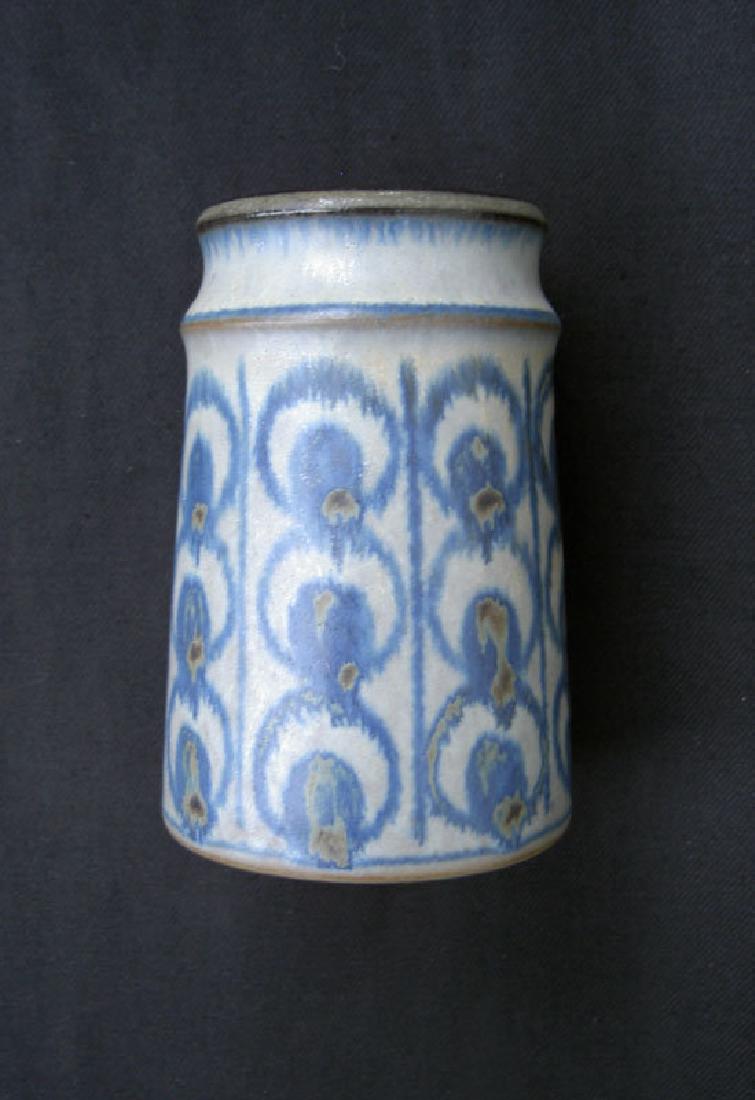 Danish Vase By Marianne Starck: Stoneware vase by Marianne Starck for Michael Andersen potteries on the island of Bornholm, Denmark. Of slightly coning shape, decoration of circles and stripes in blue over grey, 1960's. Painted MS a