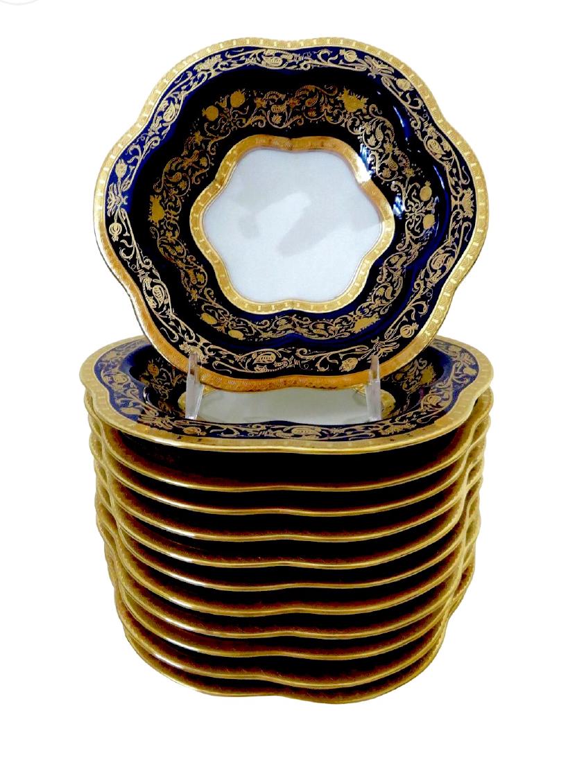 12 Porcelain Bowls In Cobalt Blue Encrusted In Gold (1 of 9)