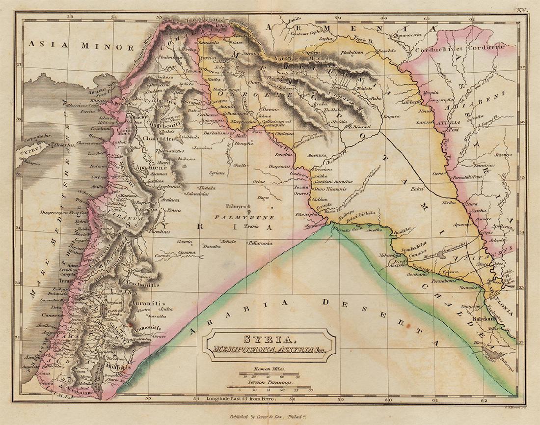 Carey & Lea: Map of Syria, Mesopotamia, Assyria, 1832: Syria, Mesopotamia, Assyria, &c. Pub. 1832 by Carey & Lea. 7 x 9. Antique hand colored map of Syria, Mesopotamia, Assyria, and other surrounding areas in the Ancient Middle East (mainly comprising mod