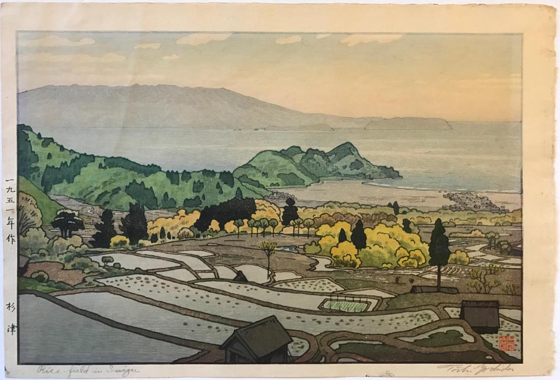 Toshi Yoshida: Rice Fied in Suizu: Toshi Yoshida Rice Fied in Suizu Signed and titled in pencil by the artist Medium: Japanese Woodblock Print Please note that this lot has a confidential reserve. When you leave a bid in advance of the
