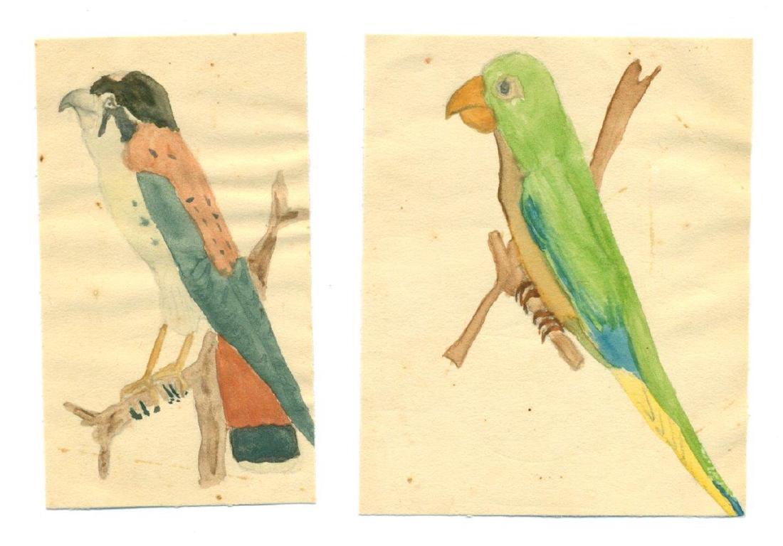 Lot Of 2, Old Folk Art Bird Watercolor Paintings: Lot of 2 Old Folk Art Bird Watercolors on Paper. Size is 2-1/4" x 4" and 3-1/4" x 4". Please note that this lot has a confidential reserve. When you leave a bid in advance of the auction, submit your 