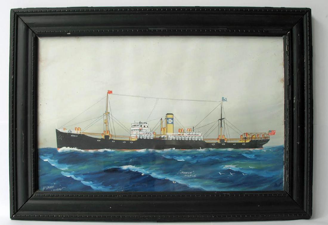 Nautical Painting of the Ship “Ipswich” out of Mobile: Painted on heavy paper, it is flying the American flag and has the markings “MDL” on the smokestack. It is signed Horice London???? This is an attic find from Maine. On the back written in pencil