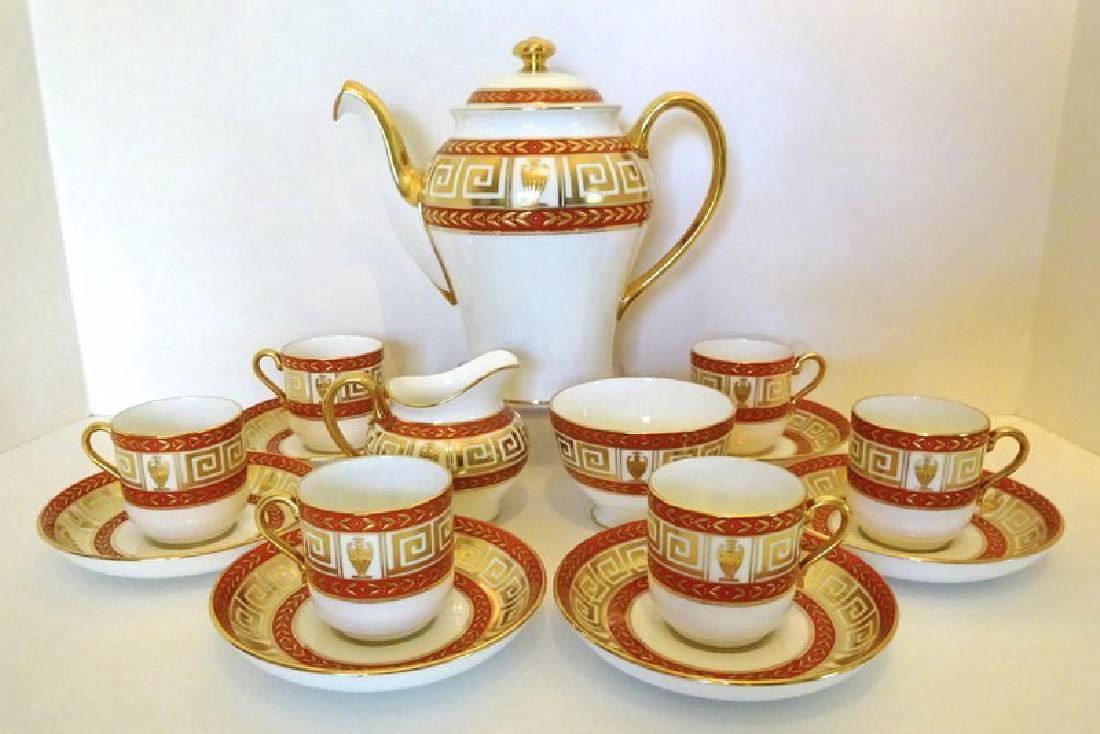 Vintage Mintons Coffee Service for 6: This porcelain coffee set was produced in England by Mintons in 1956. The set has the impressed date indicating this year. The set consists of a coffee pot with lid, open sugar bowl, cream pitcher, an