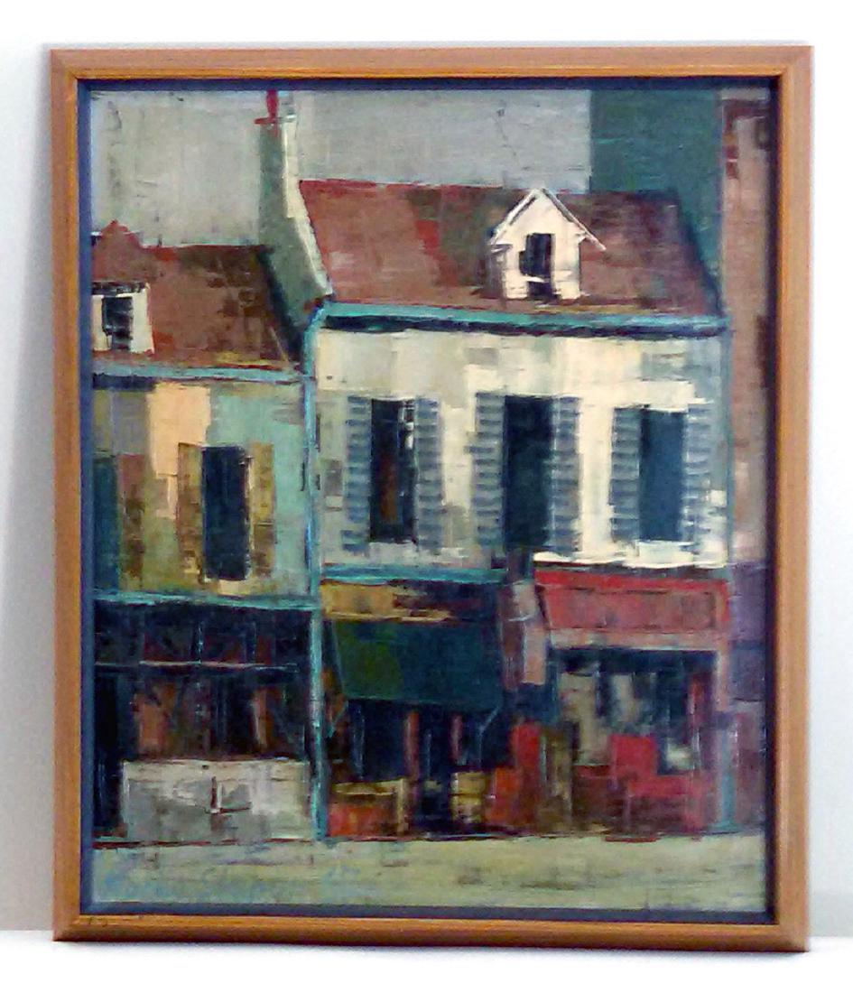 Marko Stupar: Montmarte: An oil painting on board, created using a palette knife, of a street scene in the Parisian district of Montmarte by Marko Stupar. This painting was completed after Mr. Stupar left Yugoslavia to live i