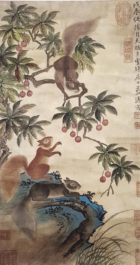 Original Chinese Watercolor Scroll Painting on Silk: An original Chinese watercolor scroll painting on silk of squirrels on cherry tree. Inscription and many red seal marks. 76" by 19.5" Please note that this lot has a confidential reserve. When you lea