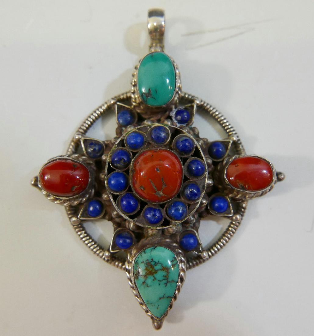Chinese Tibetan Sterling Coral Lapis Turquoise Pendant (1 of 5)