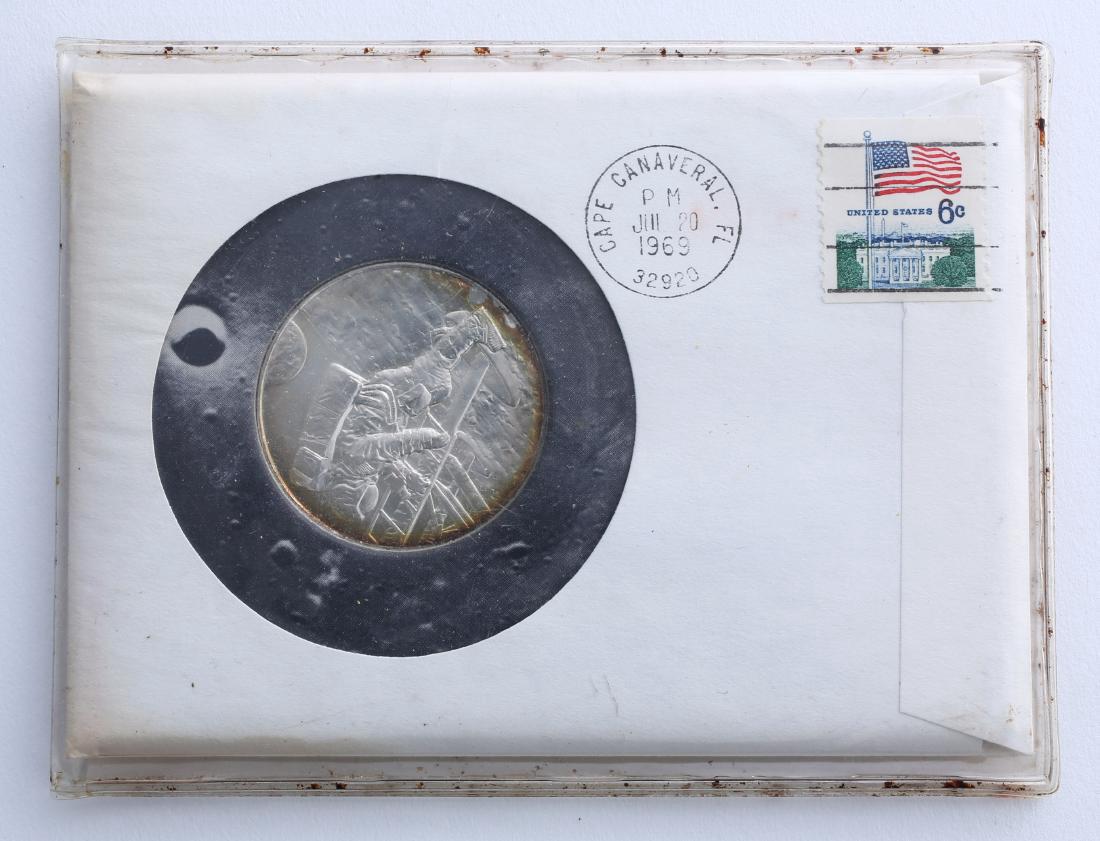 1969 Sterling Silver Commemorative Medal First Men On: 1969 Sterling Silver Commemorative Medal First Men On The Moon - Post Office Hand Cancelled July 20th, 1969, First Day of Issue No Reserve: This lot starts at $1 and has no reserve as a courtesy so th