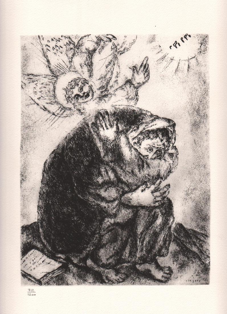 MARC CHAGALL - Priere d' Esaie: Artist: MARC CHAGALL Print Title: Priere d' Esaie A re-strike done in 1975. Pencil numbered 712/1200. Printed on the reverse: ?Marc Chagall Bible 1956 Planch XI "Abraham pleurant Sara" Ete tiree a 1,2
