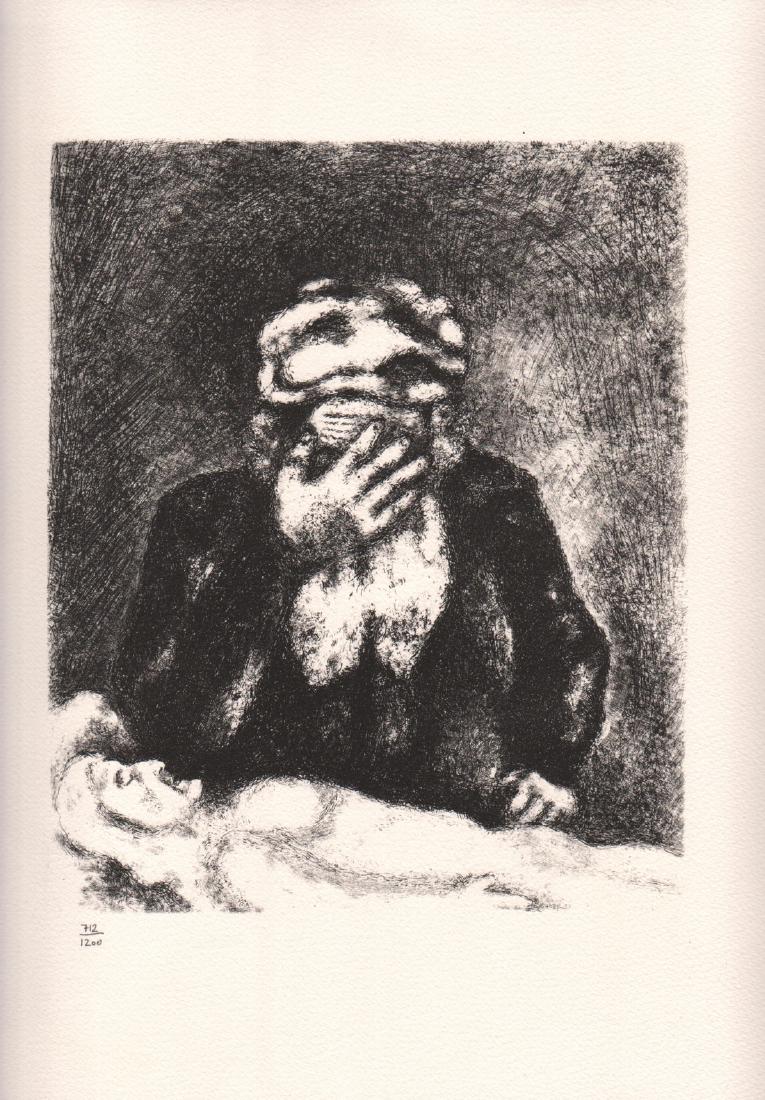 MARC CHAGALL - Abraham pleurant Sara: Artist: MARC CHAGALL Print Title: Abraham pleurant Sara A re-strike done in 1975. Pencil numbered 712/1200. Printed on the reverse: ?Marc Chagall Bible 1956 Planch XI "Abraham pleurant Sara" Ete tiree