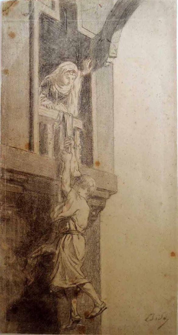 Alexandre Bida: Rahab and the Spies: Alexandre Bida (French 1813-1895) Rahab and the Spies Pencil/charcoal drawing on paper Signed lower right: Bida Size-14x7 ¼ in. Please note that this lot has a confidential reserve. When you leave a