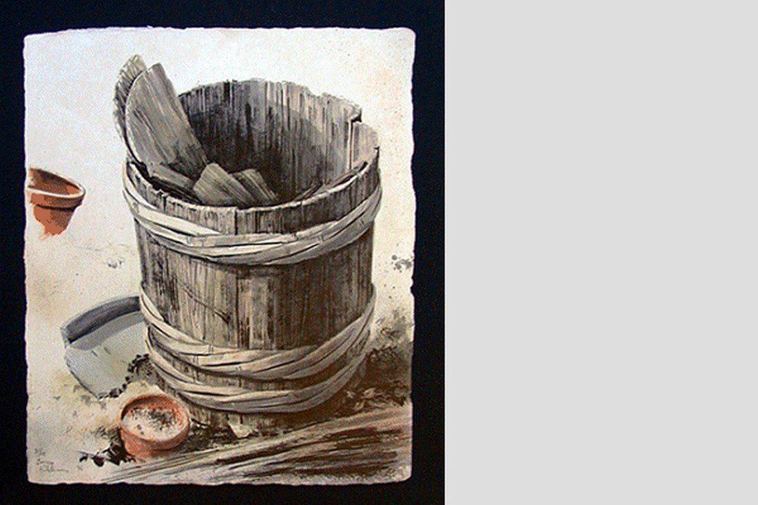 Pickle Barrel by Brian Williams: Title: Pickle Barrel Dimensions: 19x16 in. paper Signature & Seals: pencil signed and numbered Artist Name: Brian Williams Medium: lithograph on Japanese paper Edition: 48 Year: 1986 Please note that