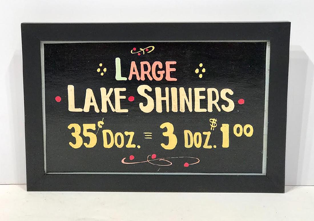 Large Lake Shiners - Minnesota Bait Sign: Whimsically & colorfully painted Bait Sign. 8 1/2 h x 12 w Mid Twentieth Century Please note that this lot has a confidential reserve. When you leave a bid in advance of the auction, submit your maxim