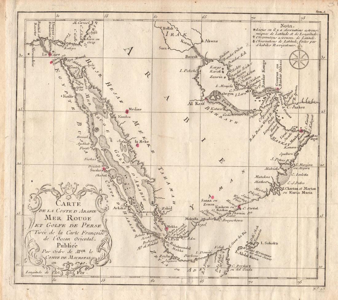 Bellin: Map of the Coast of Arabia, 1740: Carte de la Coste d'Arabie, Mer Rouge et Golfe de Perse. Bellin's highly detailed map of the "coast of Arabia, the Red Sea and the Persian Gulf," including eastern Egypt, the Arabian Peninsula, greate