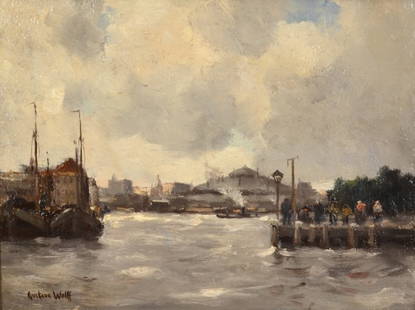 Gustave Wolff: Docks at Battery Park: Gustave Wolff (1863-1935), American, "Docks at Battery Park", signed lower left, oil on canvas. 19" x 23", with frame America c. Early 20th c. 12" x 16" Please note that this lot has a confidential re