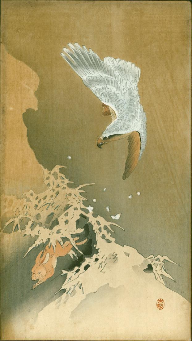 Ohara Koson: Goshawk Chasing A Rabbit (1 of 2)