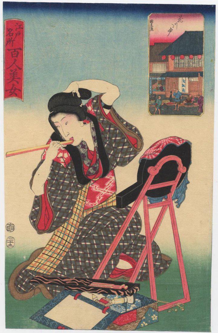 Utagawa Kunisada: Lady Adjusting the Hairdo: Artist: Utagawa Kunisada (Toyokuni III) ( 1786-1865) Subject: A lady adjusting the hairdo. A view of Hanakawado Signature: Toyokuni ga. The view signed by Kunihisa. Series: Famous places of Edo compar