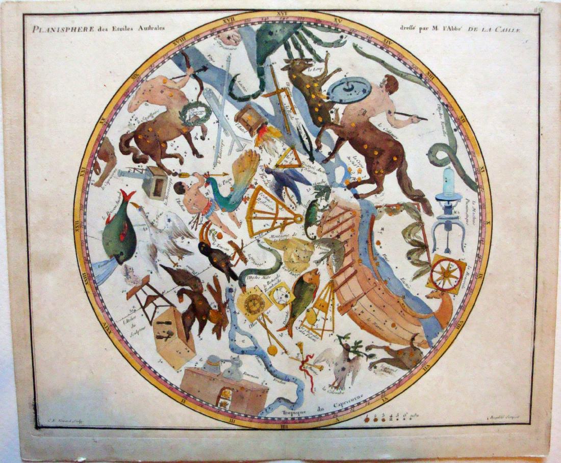 La Caille: Planisphere of the Southern Stars, 1760: Celestial Constellations- A Planisphere of the Southern Stars, c. 1760. An original handcolored copperplate engraving published by the great French astronomer, Abbe Nicolas Louis de La Caille about 17