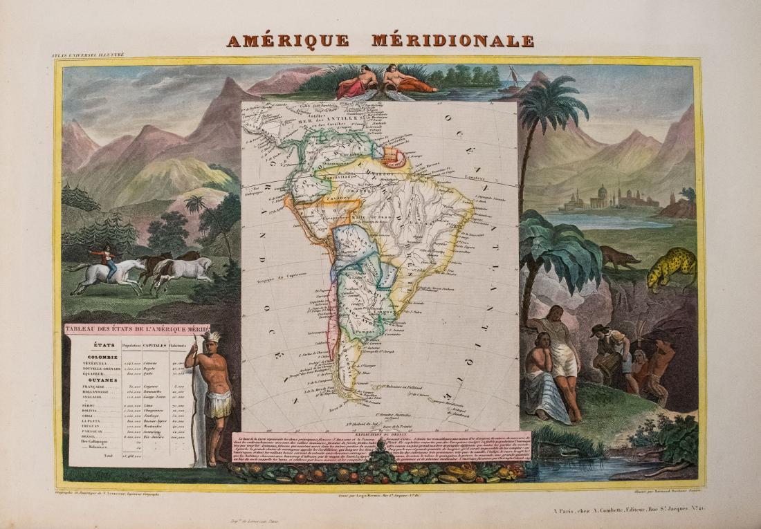 Levasseur: Map of South America, 1840: 1840 Levasseur Map of South America - Amerique Meridionale. A very decorative South America continental steel engraved map. Good topographical and political boundary details are shown as well as a pop