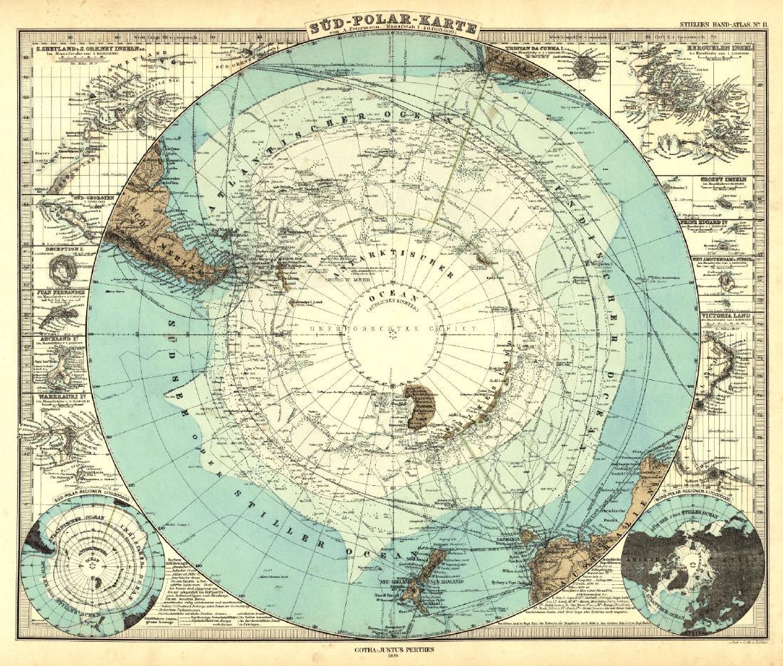 Berghaus: Map of Sud Polar-Karte, 1881: Map: Sud Polar-Karte Author: JUSTUS PERTHES, BERGHAUS, HERMANN | H. EBERHARDT | A. KRAMER Publisher: JUSTUS PERTHES 1881 GOTHA Size: Folio – 13.00 H x 16.00 W Inches From: Adolf Stieler's Handatlas 
