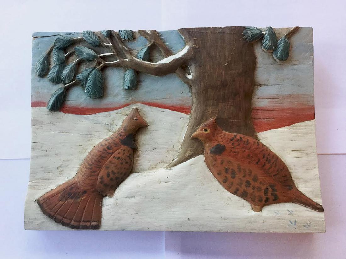 Relief Carved & Painted Snow Scene with 2 Ruff Grouse (1 of 6)