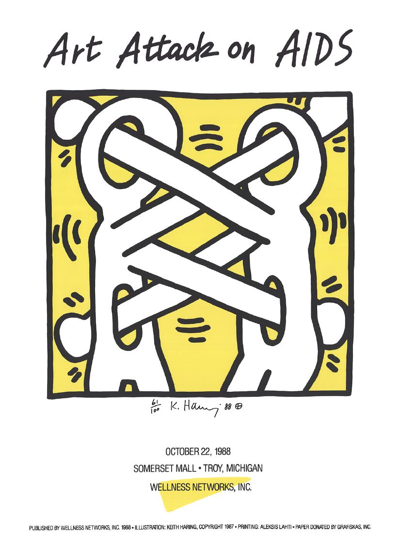 Keith Haring - Art Attack on AIDS: Art Attack on AIDS by Keith Haring, Unsigned Giclee. Paper size is 40 x 30 inches, with an image size of 22.75 x 22.75 inches. The Giclee is from an unknown edition size. and is not framed. The condit