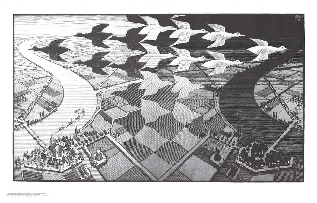 M.C. Escher - Day and Night: Day and Night by M.C. Escher, Unsigned Offset Lithograph. Paper size is 33.75 x 21.5 inches, with an image size of 18 x 31 inches. The Offset Lithograph is from an unknown edition size. and is not fra