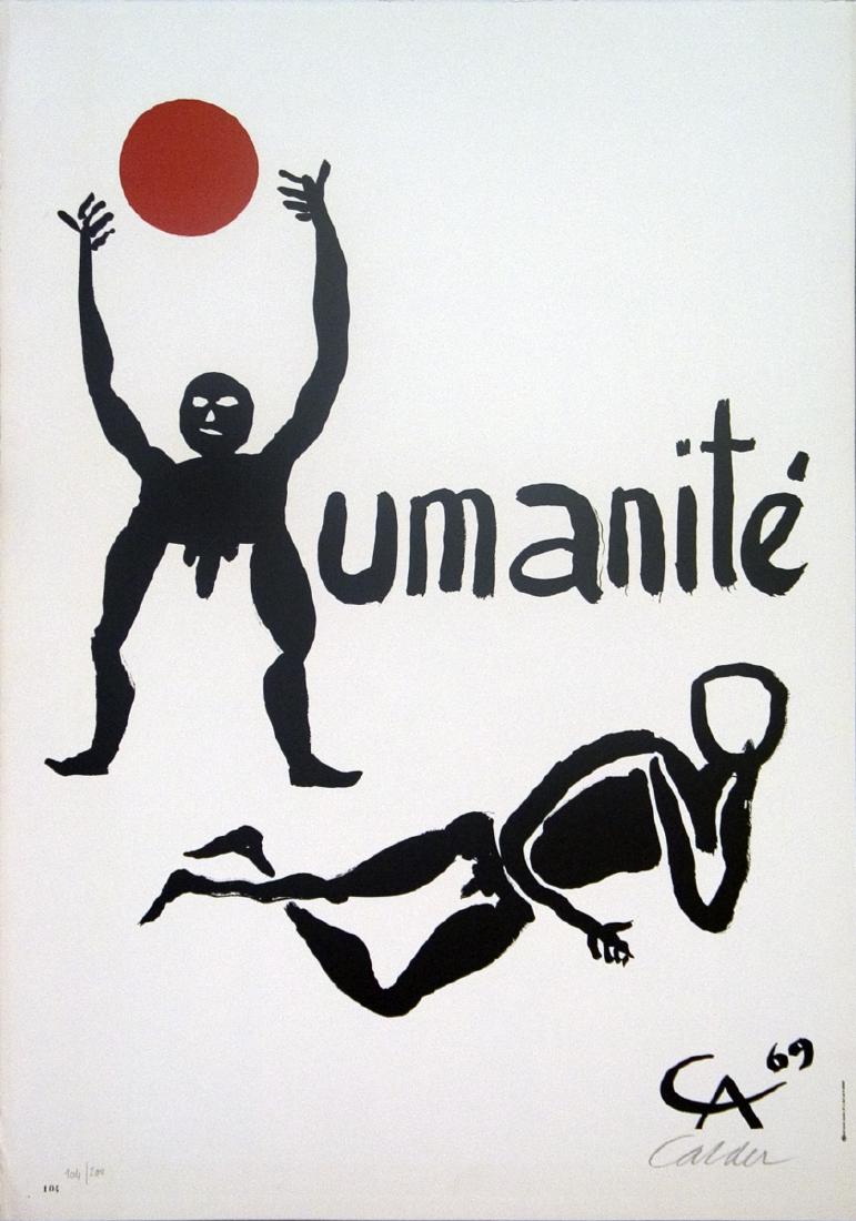 Alexander Calder - Fete de L’Humanite - 1969, SIGNED: Fete de L’Humanite by Alexander Calder, 1969 Signed Lithograph. Paper size is 32 x 22.5 inches, with an image size of 32 x 22.5 inches. The Lithograph is from an edition size of 200 and is not frame