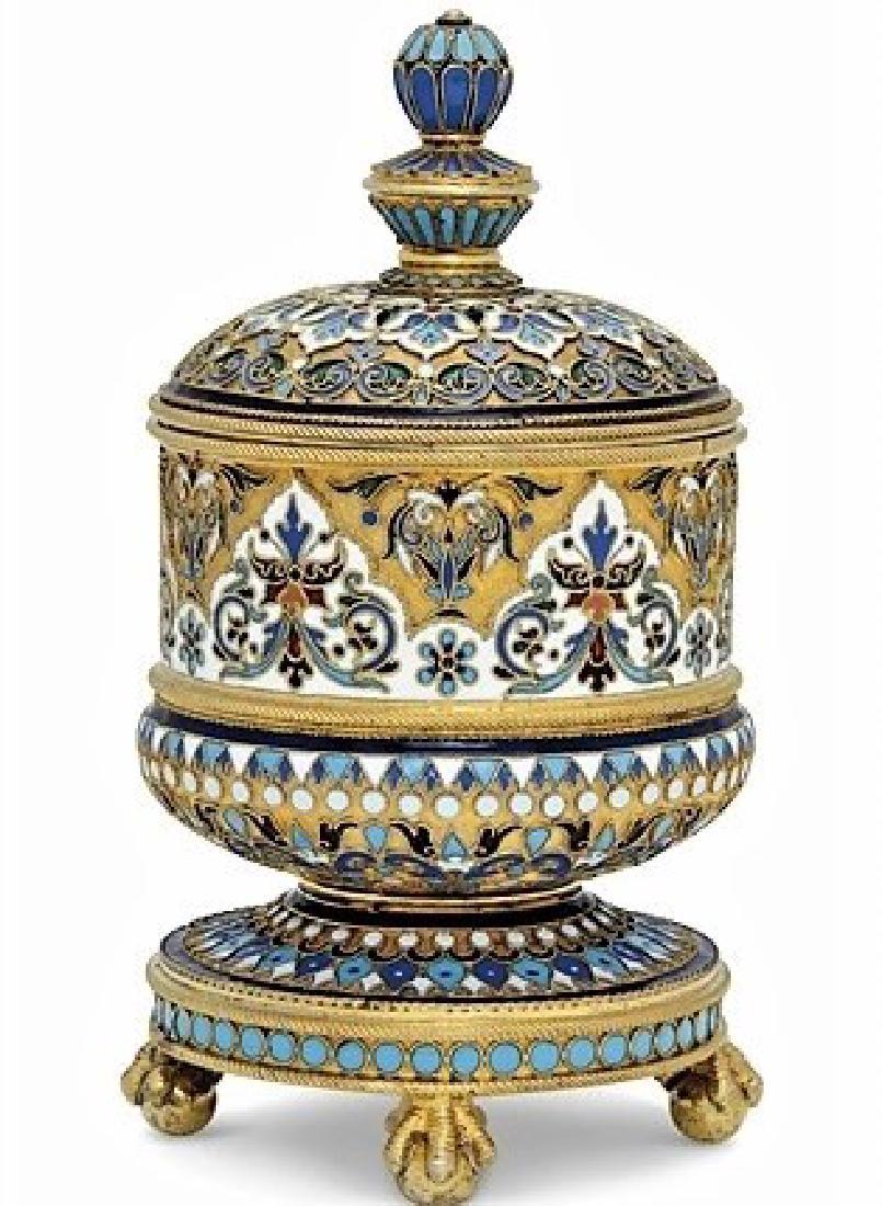 Ovchinnikov Russian Silver Enamel Tobacco Jar, 1883 (1 of 7)