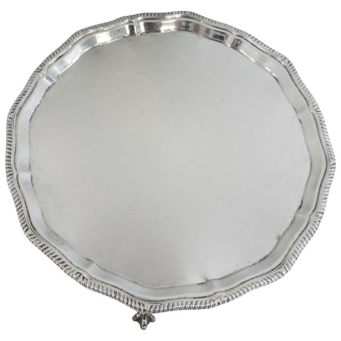 Antique Thomas Bradbury & Sons Sterling Footed Tray: Small Round Footed Tray / Salver. Sterling Silver. 9.25" Diameter. Antique English, Round Footed Salver / Tray With Gadroon Border. Standing On 4 Claw & Ball Feet. Sterling Silver, Made By Thomas Brad