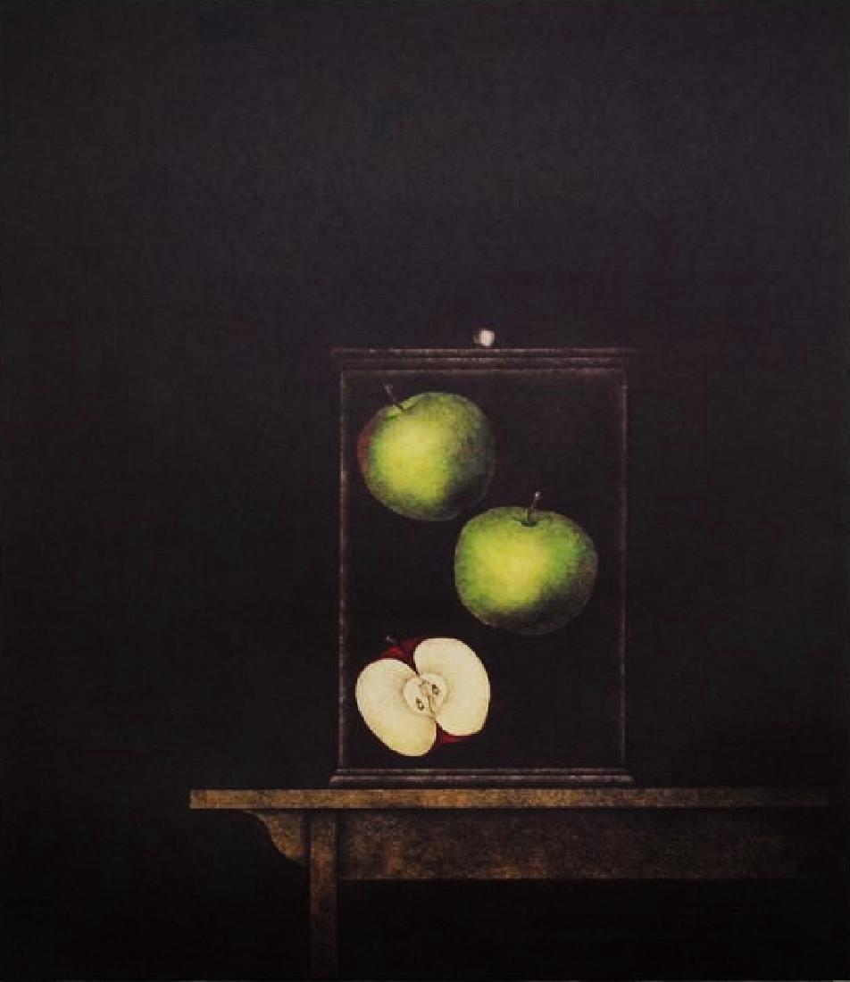 Tomoe Yokoi: Apple #3, Hand-signed: Tomoe Yokoi. Lithograph on Bristol paper. 16.1 x 23.6 in. (sheet); 12.6 x 14.6 in. (plate). 1973. Hand-signed & numbered 7/250 Please note that this lot has a confidential reserve. When you leave a bi