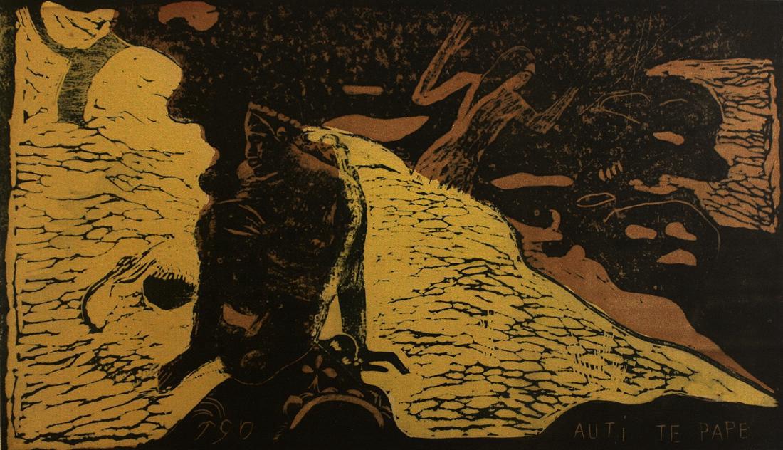 Paul Gauguin: Women at the River: Paul Gauguin (après). woodcut on paper. 14.6 x 8.7 in. (sheet); 13.7 x 8.0 in. (plate). 1920´s edition by his son Pola (1893/94 original, first edition by Paul Gauguin) unsigned Please note that thi