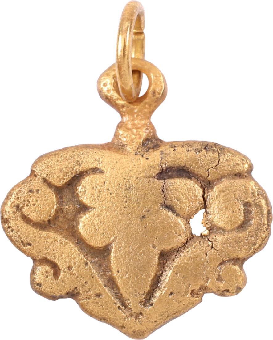 Good Ancient Viking Heart Pendant 10th-11th Century: Good Ancient Viking Heart Pendant 10th-11th Century Gilt bronze. ¾” height. Broad heart form with central foliate spring with a stylized border. Foliate designs were favored by Vikings and incorpor
