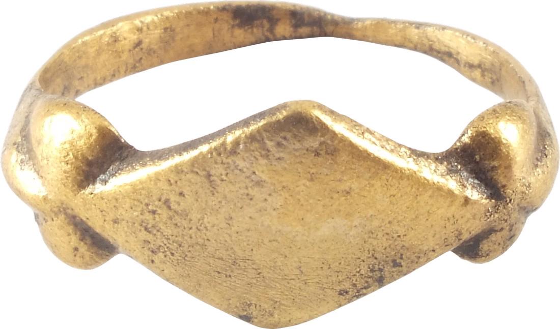 Ancient Byzantine (Italian) Ring 6th-8th Century: Ancient Byzantine (italian) Ring 6th-8th Century Gilt bronze, size 8 1/2. The bezel broadening in the Roman style, a carry-over from that period and comprising a diamond supported by "bows". All items