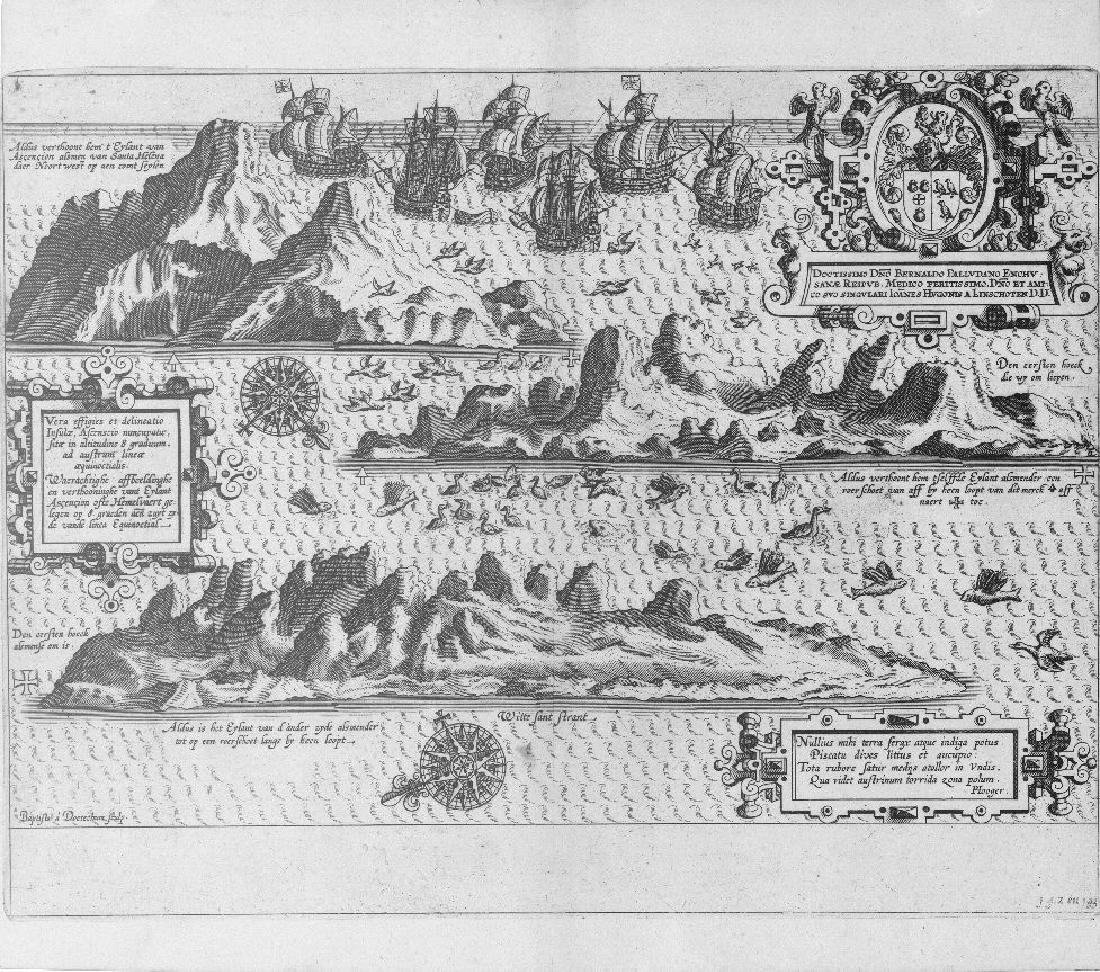 Linschoten: Map of Ascension Island, 1596: Map: Vera effigies et delineatio Insulae Ascenscio Cartographer: Linschoten Place & Date: Amsterdam / 1596 Size: 13 3/8" x 9 1/4" The wonderfully decorative Ascension Island sheet from Linschoten's It