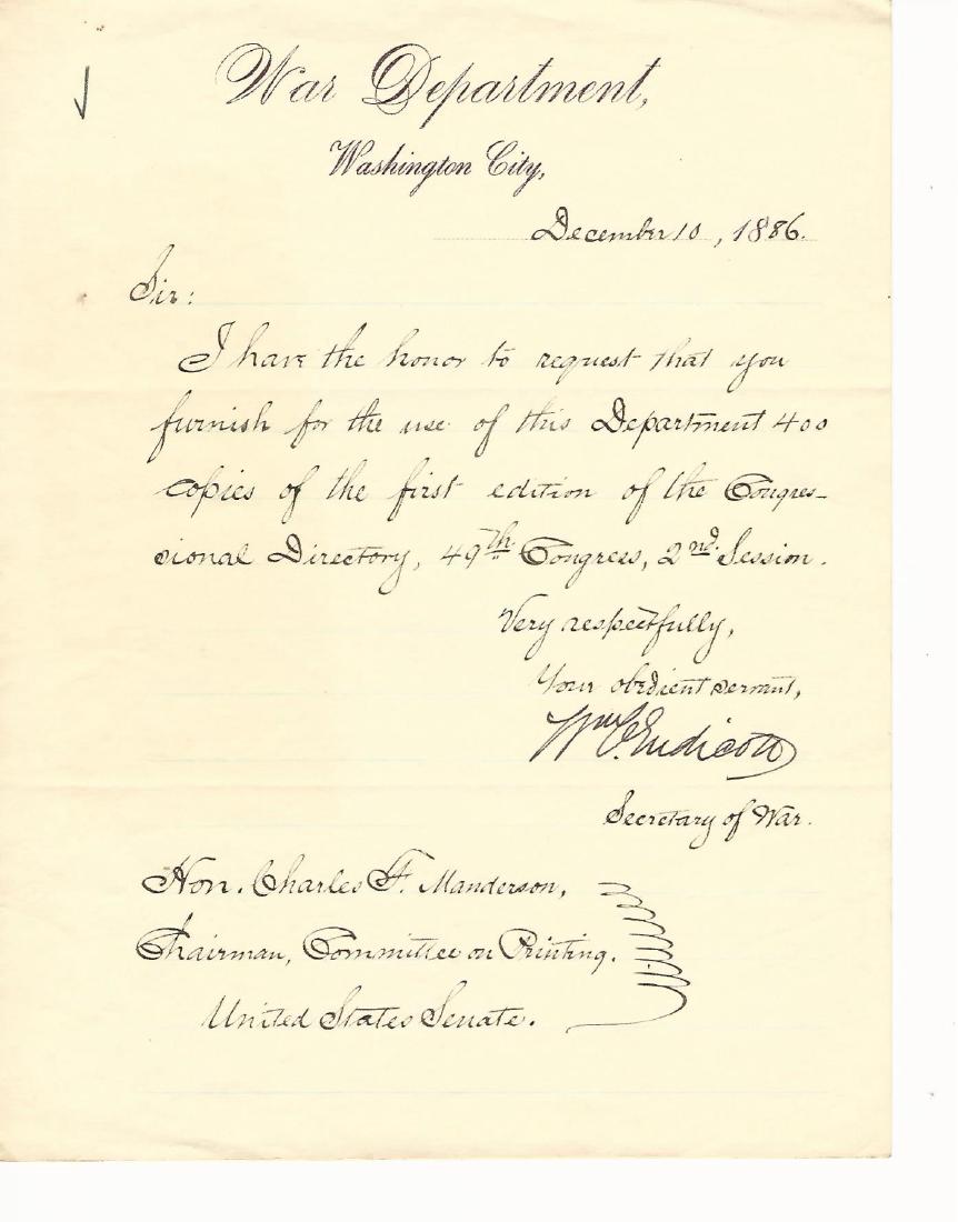 1886 Letter Signed William C Endicott Secretary of War (1 of 1)