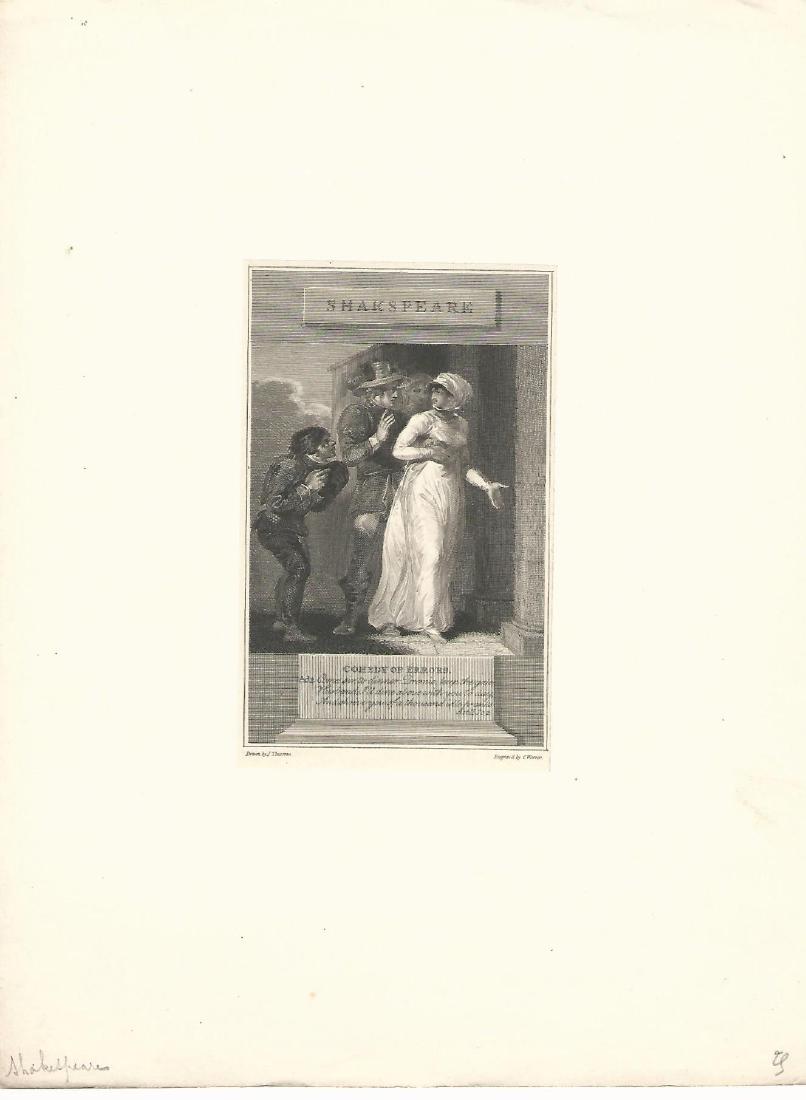1804 Engraving of Shakespeare Comedy of Errors: Engraving of Charles Warren and John Thurston from Shakespeare Comedy of Errors, 1804. London. Measures 3.25 x 5.25” and mounted to engraving sheet. Please note that this lot has a confidential rese