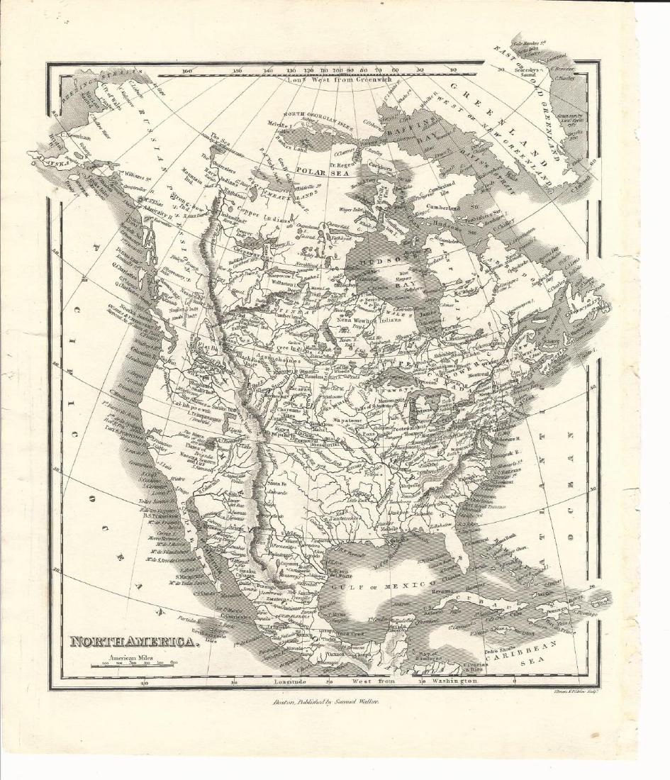 1840 Walker Map of North America: C1840 Engraved map of North America by Samuel Walker, Boston. Fine with short tear at left margin, measures 9 x 10.5”. Please note that this lot has a confidential reserve. When you leave a bid in a