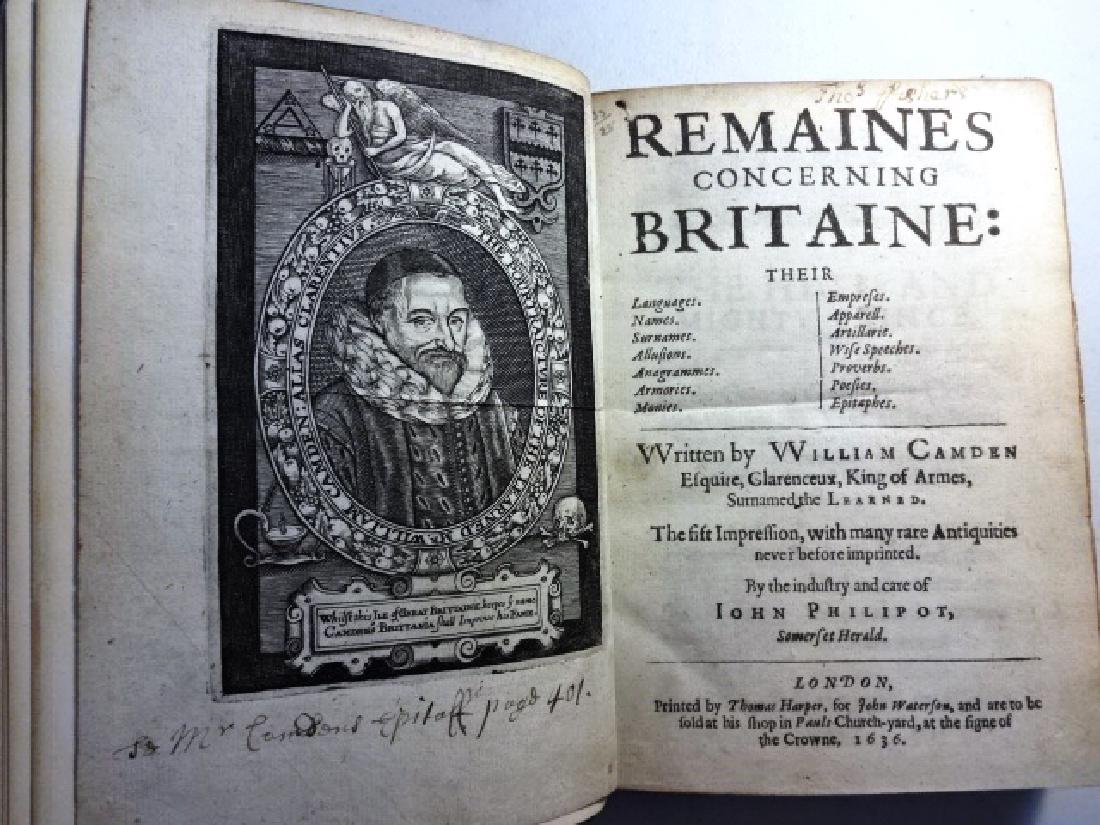 1636 Remaines concerning Britaine: their languages: “Remaines concerning Britaine: their languages. Names. Surnames. Allusions. Anagrammes. Armories. Monies. Empreses. Apparell. Artillarie. Wise speeches. Proverbs. Poesies. Epitaphes. Written by Will