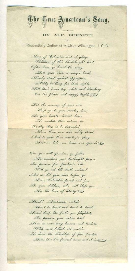 Patriotic Memorial Poem Cpt Jw Wilmington: Patriotic Memorial Poem Cpt Jw Wilmington Igg 6th Oh Alf Burnett Civil War Comic. Antique 19th Century Patriotic Poem, "the True American's Song. by Alf. Burnett. Respectfully Dedicated to Lieut. Wilm