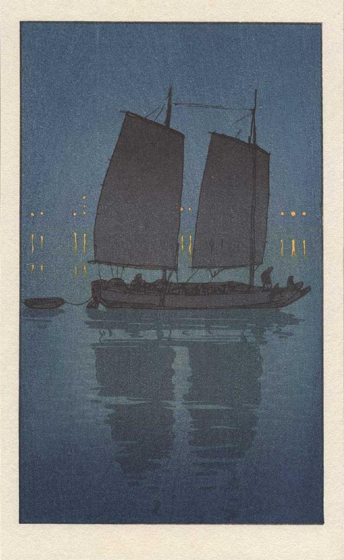 Hiroshi Yoshida, After: Traditional Sailing Boat, Night: Artist: After Hiroshi Yoshida Title: "Traditional Sailing Boat -- Night" Date: 2000 Publisher: Mokuhanga-kan (Tokyo) Seal, Carver/Printer: D Bull/K Kubota Image Size: 4 7/8 x 8 1/8 (plus margins) (Yos