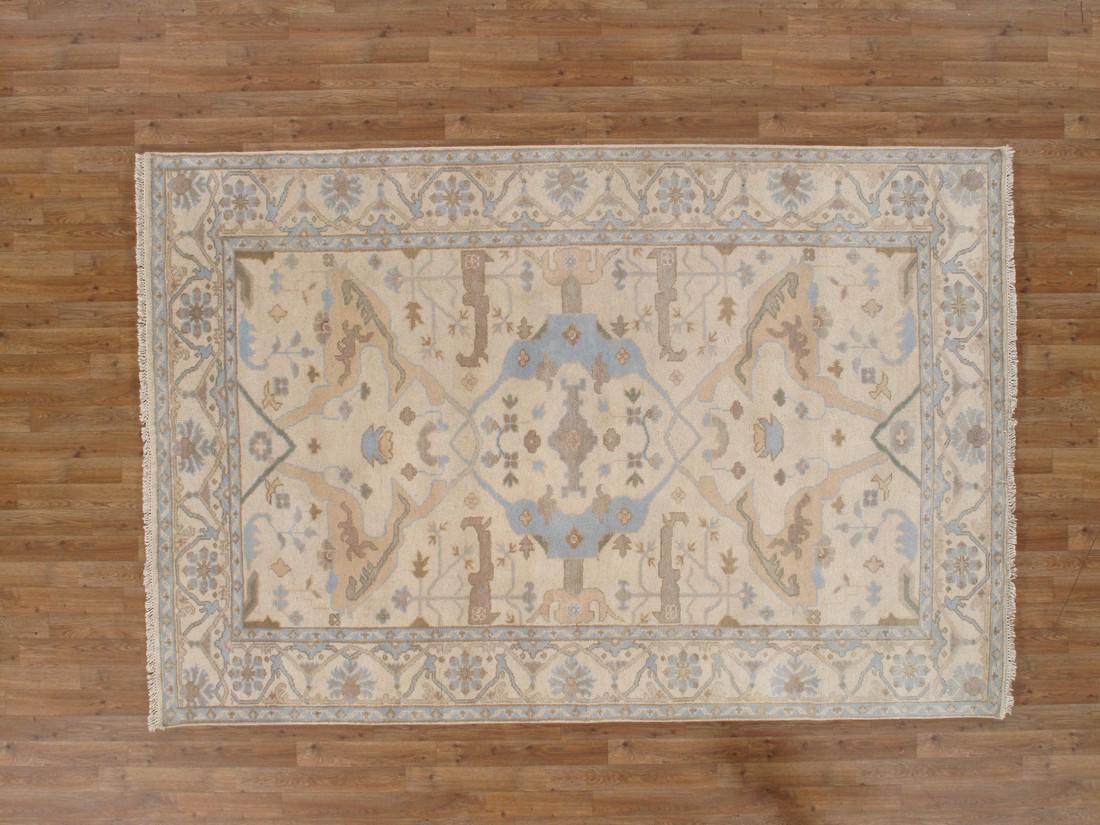 Exquisite Oushak Wool Area Rug Made by Hand 6x9: Exquisite Oushak Wool Area Rug Made by Hand 6x9 . This Is a Handknotted Wool Oushak Area Rug. the Exact Size Is 6' X 9'. the Main Color Is Cream With Powder Blue, Bermuda Pink and Peanut as Accent Col