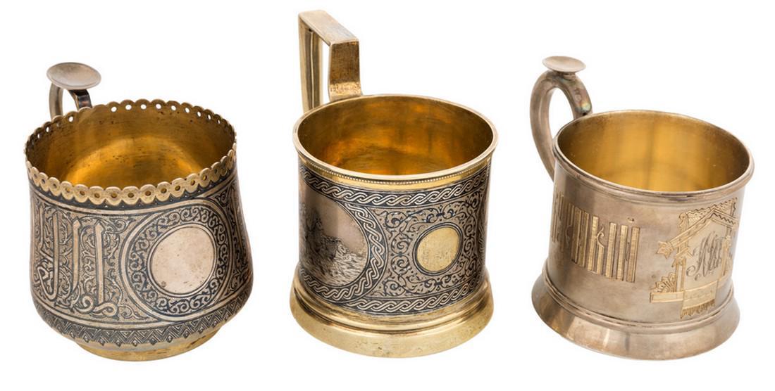 3 Russian Silver Tea Holders, 19th Century: A Group of Three Russian Silver Tea Holders, Various Makers Including Grachev, St. Petersburg and Moscow, Last Quarter of the 19th Century. Overall weight: 496.3 grams. Comprising: a) of traditional f