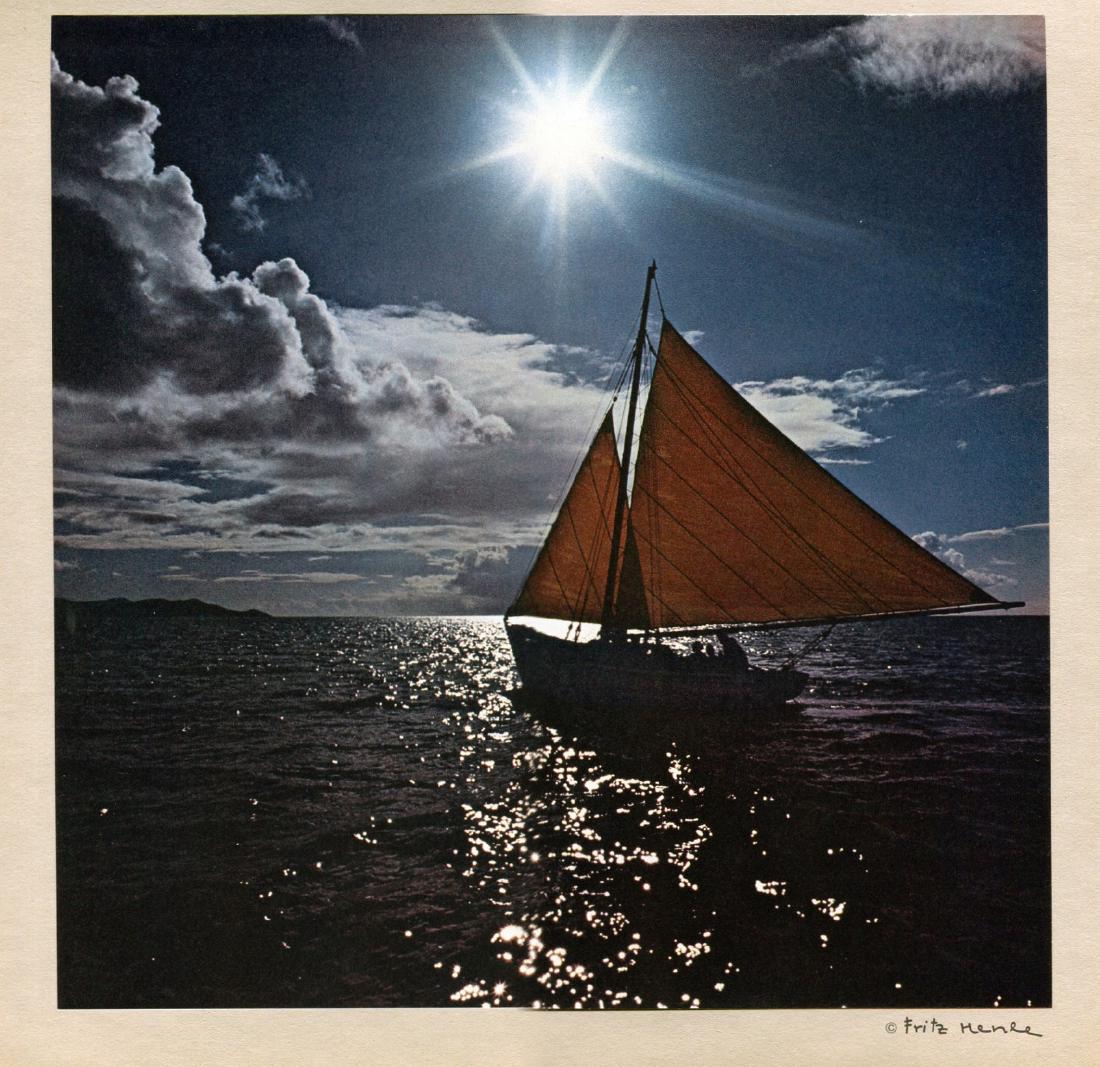 FRITZ HENLE - Christiansted Harbor at Sunset: Artist: FRITZ HENLE Print Title: Christiansted Harbor at Sunset Medium: Tipped in Color Gravure Printed in Switzerland in 1971 Sheet Size: 12" x 12" Image Size: 10" X 10" Fritz Henle was a German-born