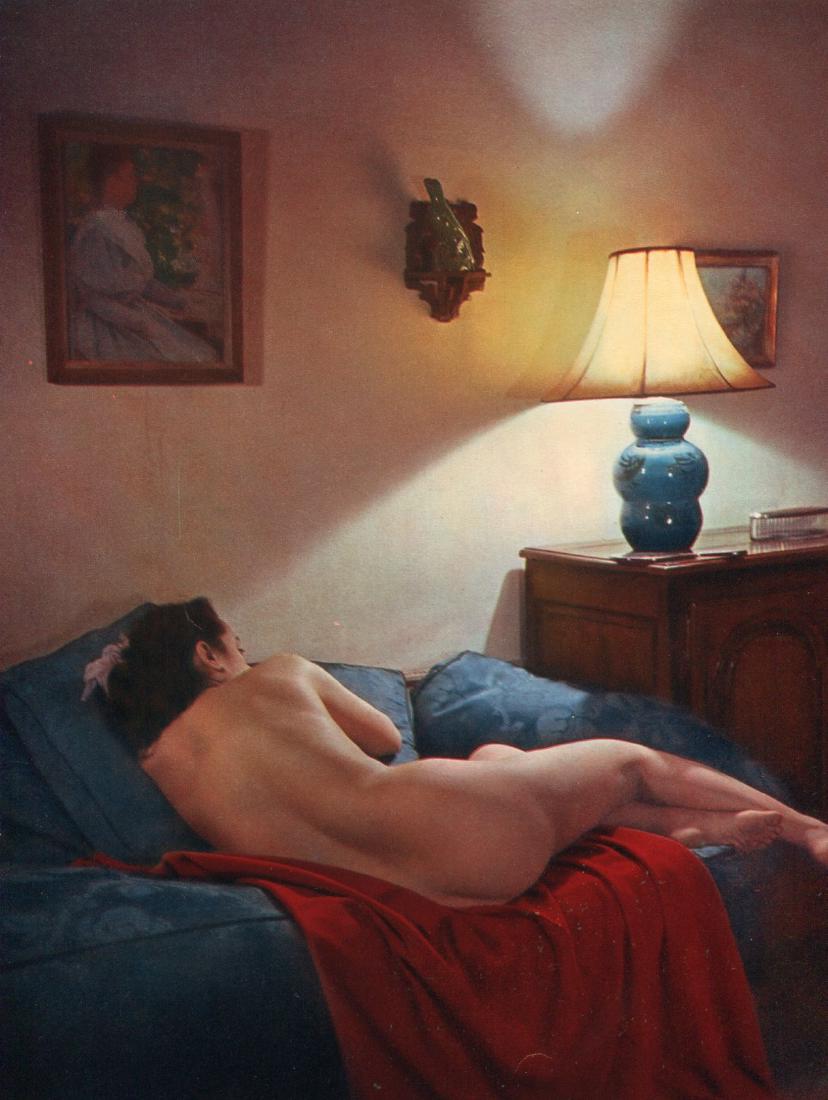 EMILE SAVITRY - Nude with Lamp: Artist: EMILE SAVITRY Print Title: Nude with Lamp Printing Date: 1950s Medium: Sheet-fed PhotoGravure Printer: E. Desfosses-Neogravure, France Image Size: 8" x 11" Emile Savitry (1903-1967) was a Fren