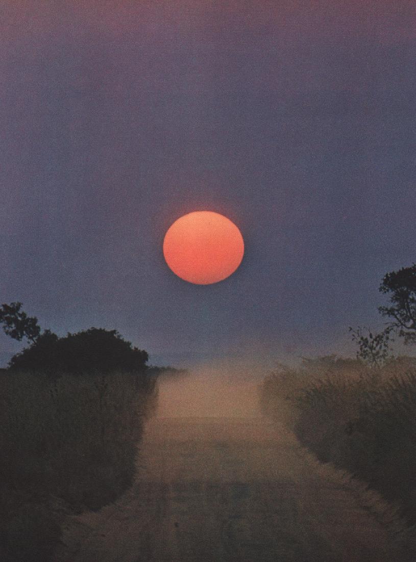 EMIL SCHULTHESS - Sunset on the Great North Road: Artist: EMIL SCHULTHESS Print Title: Sunset on the Great North Road, Northern Rhodesia Printing Date: 1958 Medium: Sheet-fed Gravure Printed in Switzerland Image Size: 9" x 12" Emil Schulthess (1913-