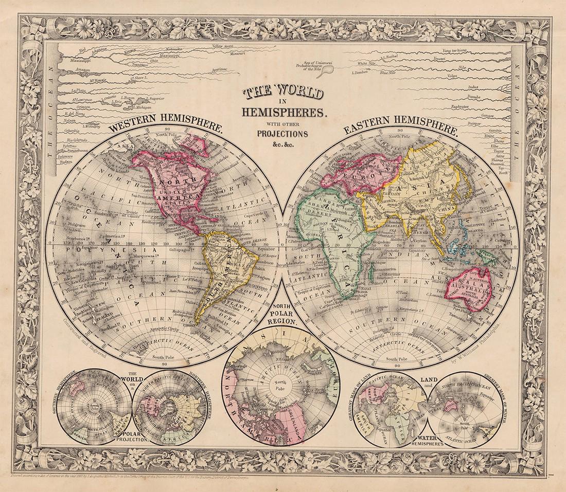 Mitchell: Map of World in Hemispheres, 1860: 1860 Mitchell World in Hemispheres. 11 X 13 inches. Very desirable and antique map of the world in a stunning layout showing seven separate views with the longest rivers and their tributaries in each 