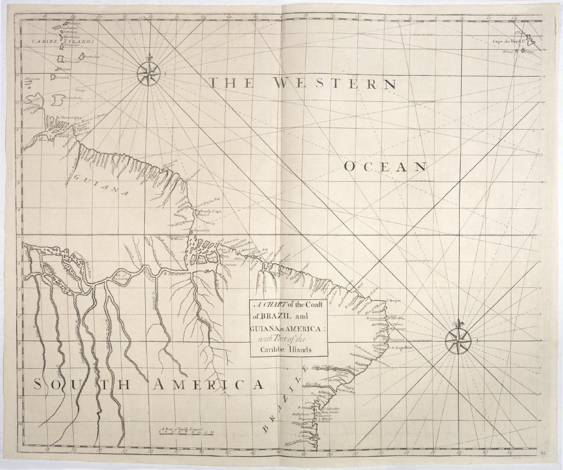 Senex: Sea Chart Map of Brazil & Amazon River, 1728: Title: A chart of the coast of Brazil and Guiana in America with part of the Caribbe Islands Map maker: John Senex, from either Atlas Maritimus & Commercialis or A General View of the World Place and