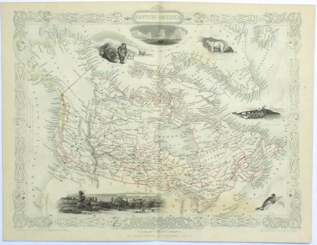 Tallis: Map of Canada (British America), 1853: Canada (British America). Original lithograph by John Tallis & Company of London, c. 1853. Map vignettes feature City of Boston, Fury and Hecla, 'Esquimaux' (Eskimoes), whale fishing, polar bears and 